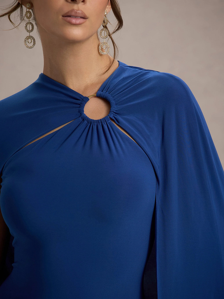 Aliza | Royal Blue Cape Maxi Dress With Gold Ring 7