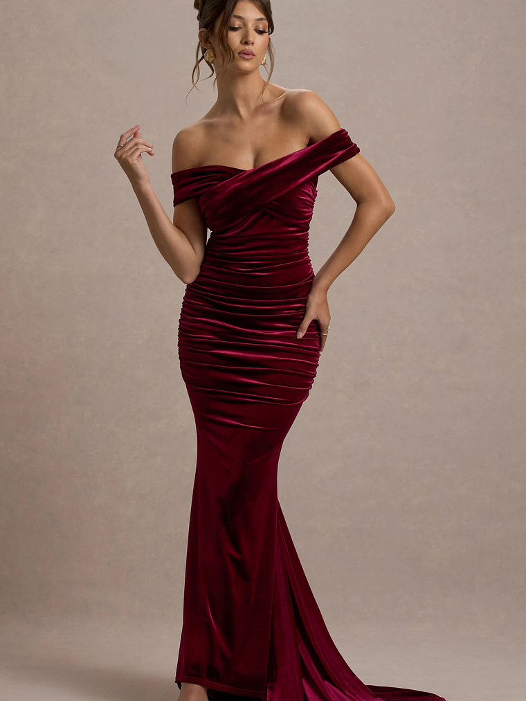 Apolline | Berry Velvet Off The Shoulder Ruched Fishtail Maxi Dress 4
