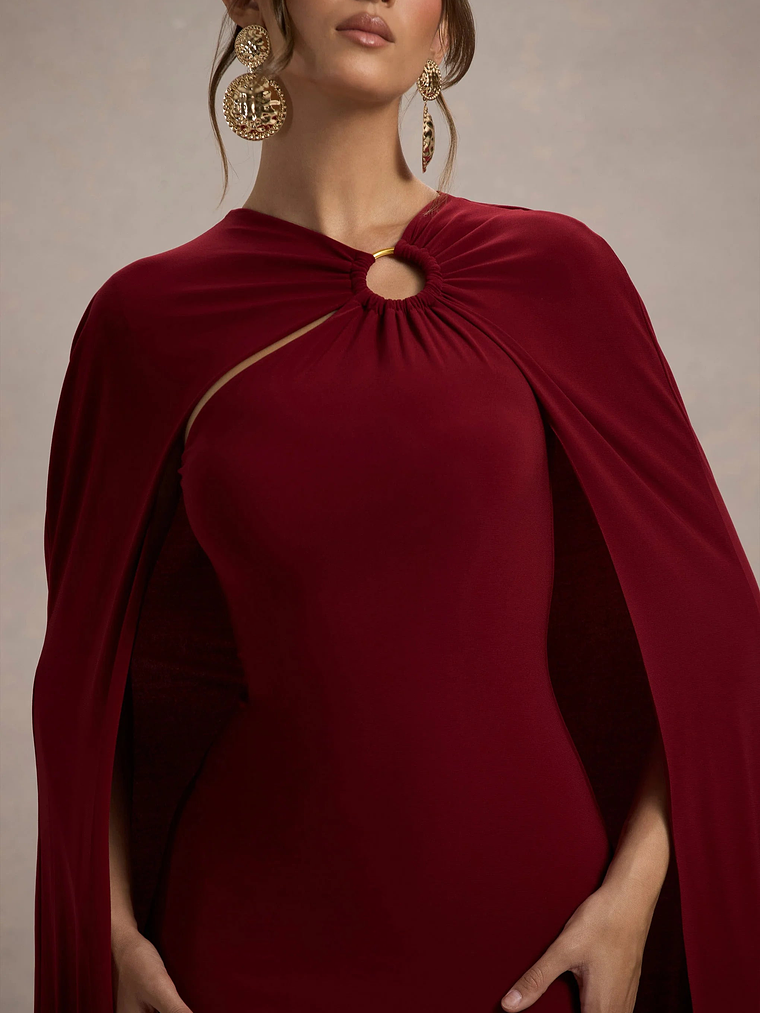 Aliza | Berry Cape Maxi Dress With Gold Ring 13