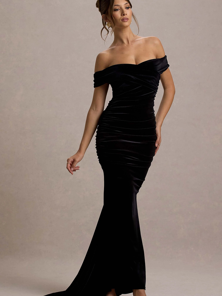 Apolline | Black Velvet Off The Shoulder Ruched Fishtail Maxi Dress 1