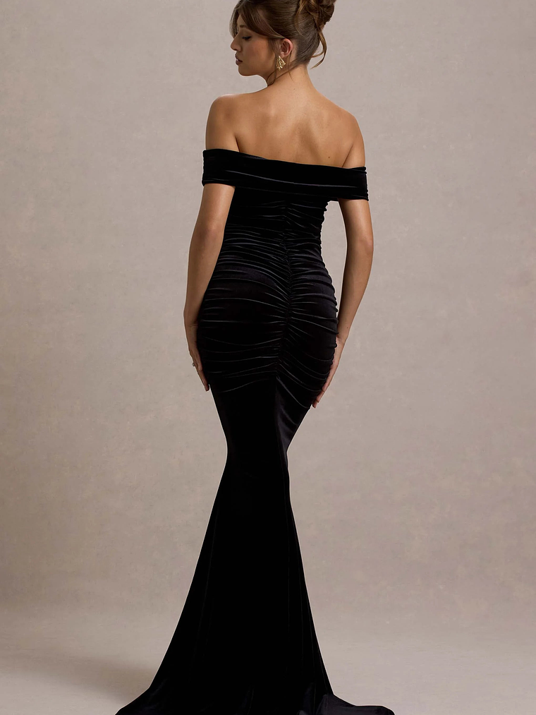 Apolline | Black Velvet Off The Shoulder Ruched Fishtail Maxi Dress 2