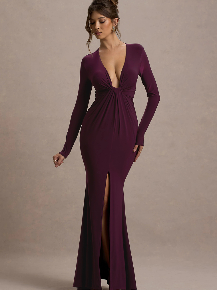 Aluna | Plum Plunge-Neck Twisted Split Maxi Dress 1