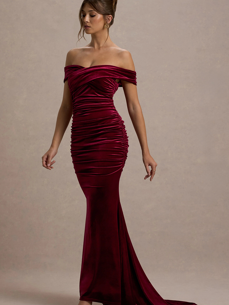 Apolline | Berry Velvet Off The Shoulder Ruched Fishtail Maxi Dress 6