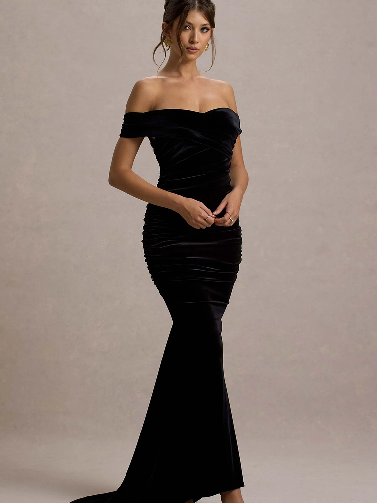 Apolline | Black Velvet Off The Shoulder Ruched Fishtail Maxi Dress 5
