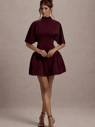 Alva | Burgundy High-Neck Short-Sleeve Mini Dress With Volume Skirt