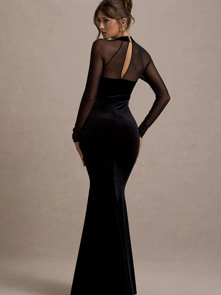 Apres | Black Velvet Bodycon Split Maxi Dress With Sheer Sleeves 2