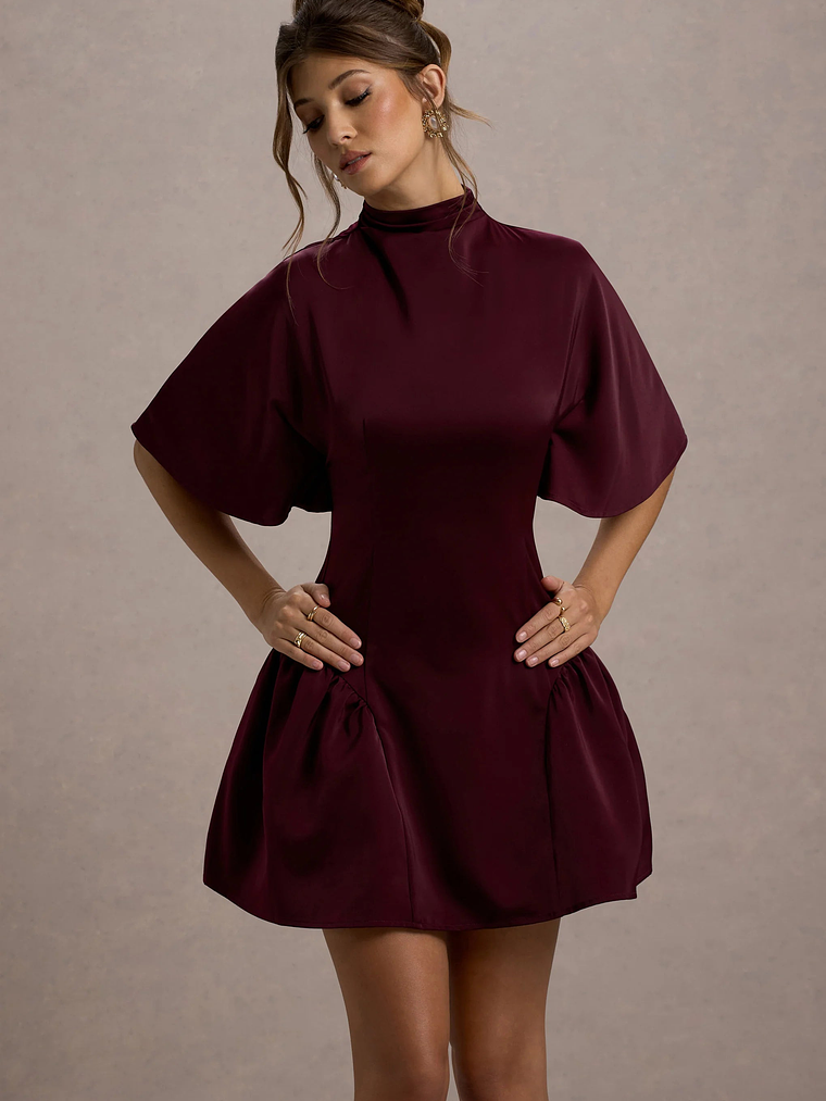 Alva | Burgundy High-Neck Short-Sleeve Mini Dress With Volume Skirt 3