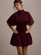 Alva | Burgundy High-Neck Short-Sleeve Mini Dress With Volume Skirt - thumbnail 3