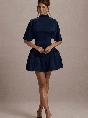 Alva | Navy High-Neck Short-Sleeve Mini Dress With Volume Skirt