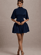Alva | Navy High-Neck Short-Sleeve Mini Dress With Volume Skirt - thumbnail 1