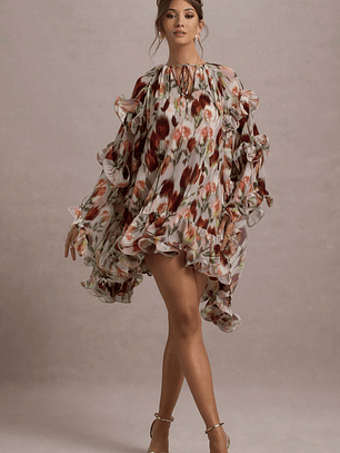 Abelia | Cream Floral Print High-Neck Cape-Sleeve Chiffon Mini Dress