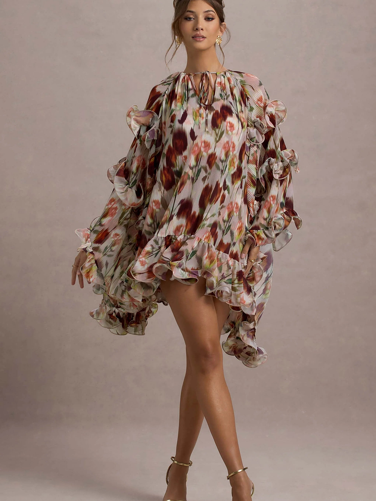 Abelia | Cream Floral Print High-Neck Cape-Sleeve Chiffon Mini Dress 1