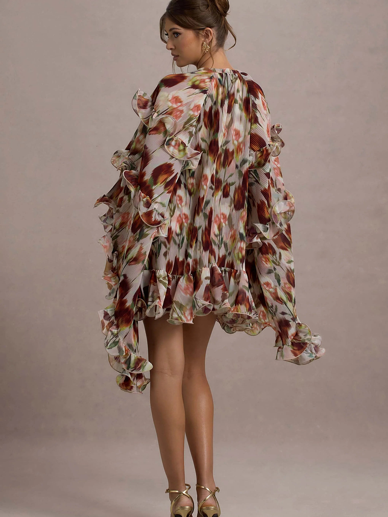 Abelia | Cream Floral Print High-Neck Cape-Sleeve Chiffon Mini Dress 2