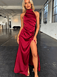 Arabelle High Neck Satin Maxi Dress - Burgundy - thumbnail 1