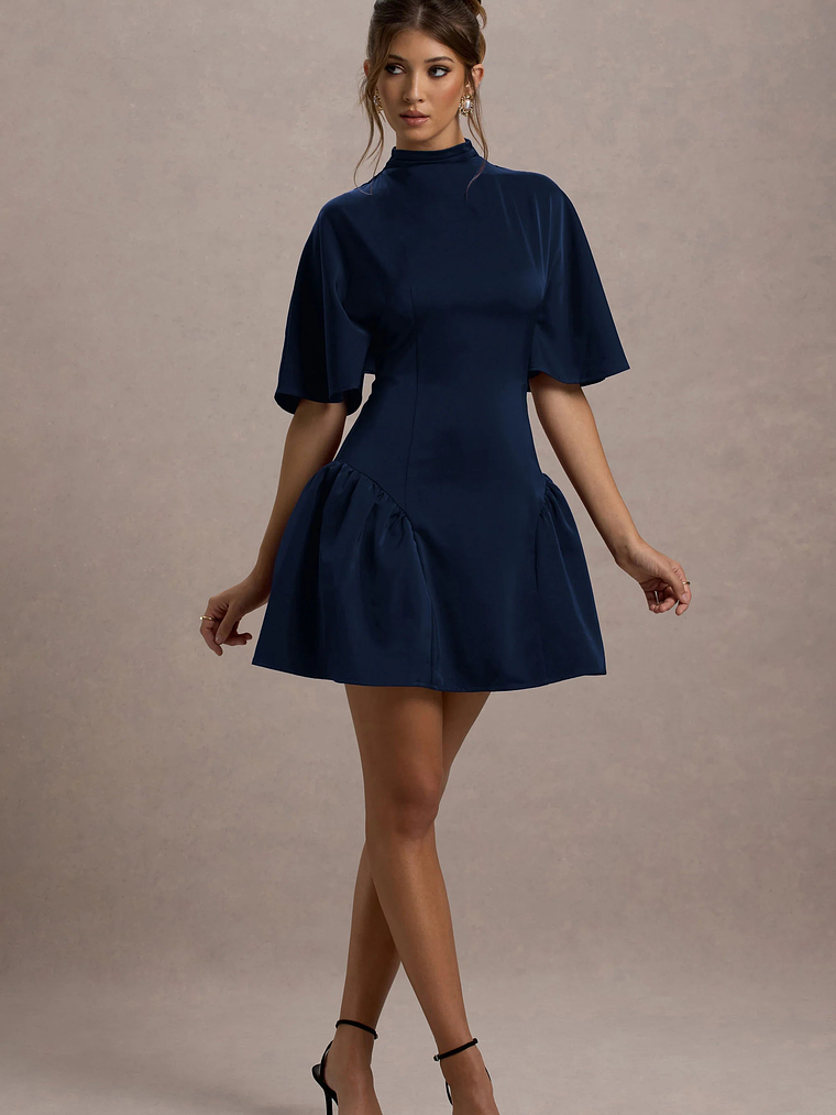 Alva | Navy High-Neck Short-Sleeve Mini Dress With Volume Skirt 4
