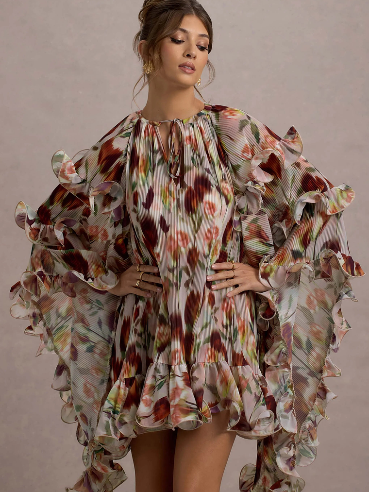 Abelia | Cream Floral Print High-Neck Cape-Sleeve Chiffon Mini Dress 3