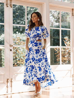 Aminah Puff Sleeve Dress - Blue Floral
