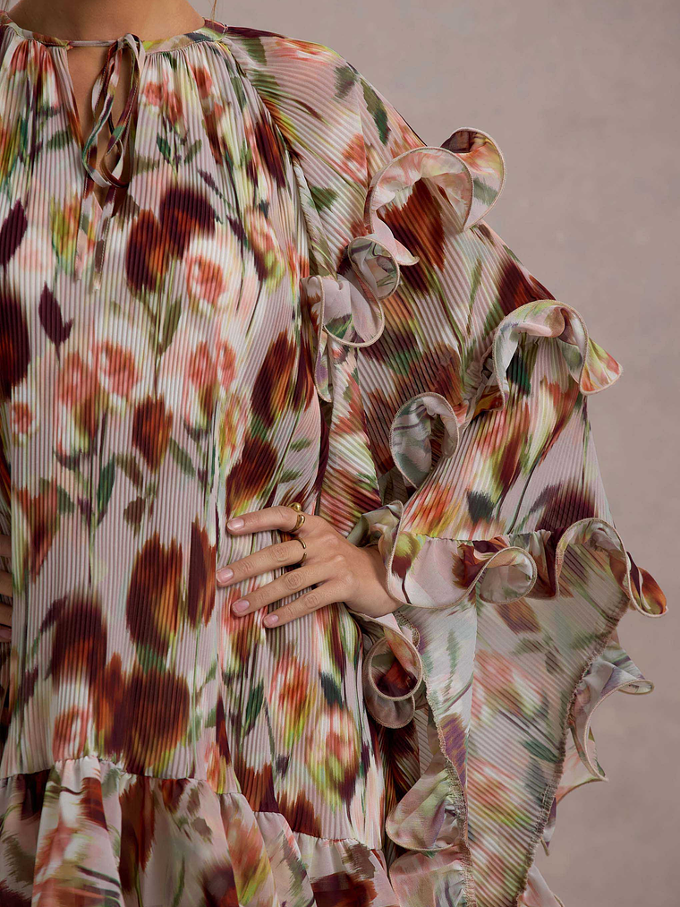 Abelia | Cream Floral Print High-Neck Cape-Sleeve Chiffon Mini Dress 4