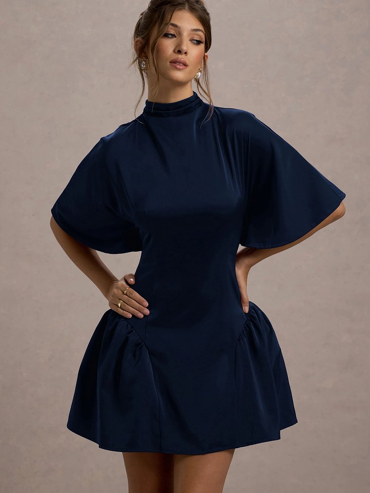 Alva | Navy High-Neck Short-Sleeve Mini Dress With Volume Skirt 5