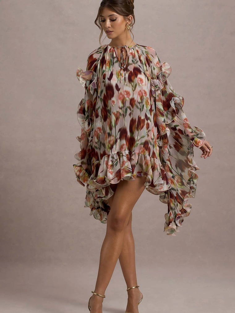 Abelia | Cream Floral Print High-Neck Cape-Sleeve Chiffon Mini Dress 5