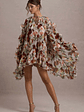 Abelia | Cream Floral Print High-Neck Cape-Sleeve Chiffon Mini Dress - thumbnail 6