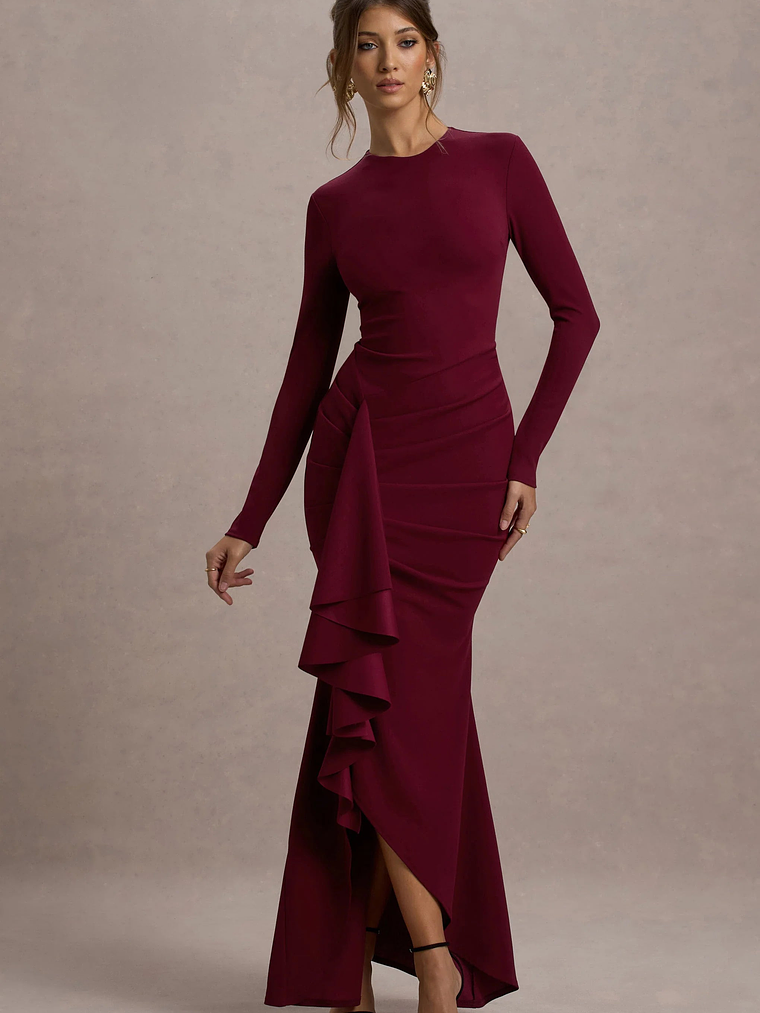Alayna | Berry Long-Sleeve Maxi Dress With Ruffled Split 1