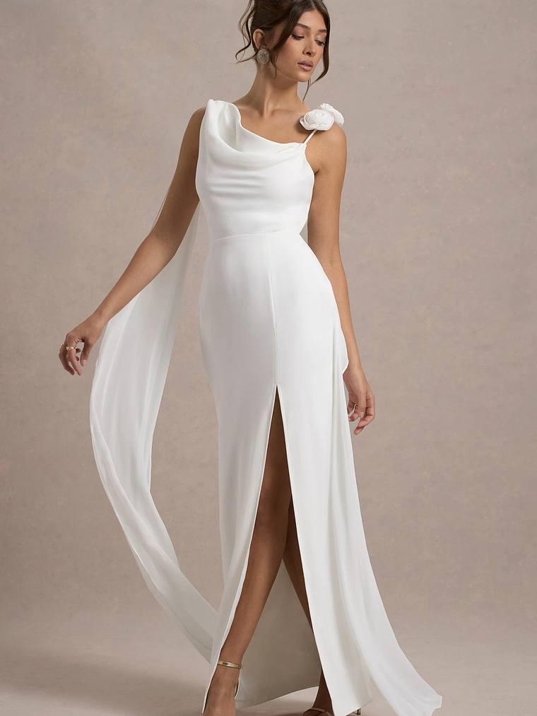 Angeline | White Chiffon Draped Split Maxi Dress With Corsages 1