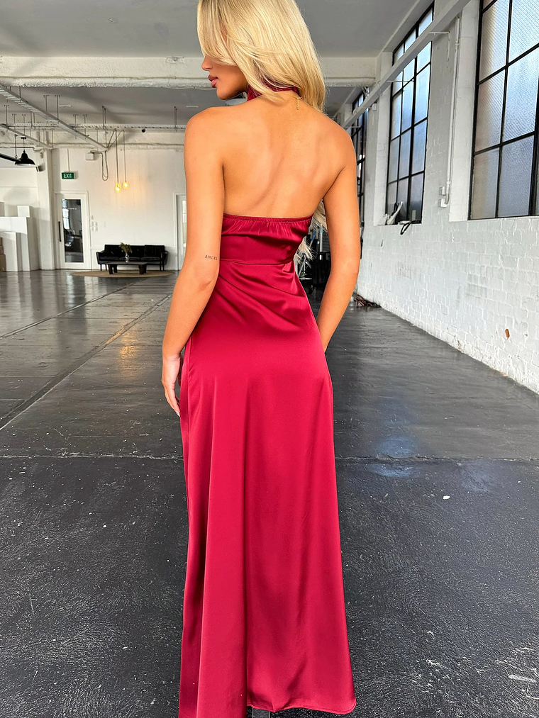 Arabelle High Neck Satin Maxi Dress - Burgundy 8