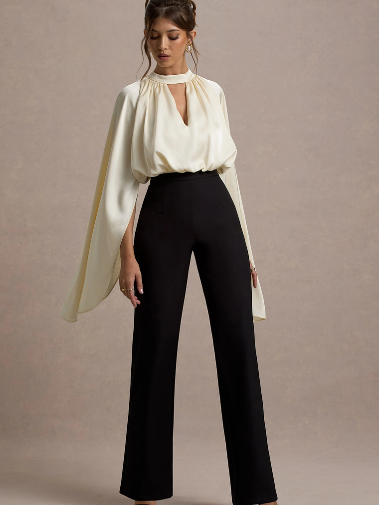 Amity | Black & Cream Wide-Leg Jumpsuit With Satin Cape Sleeves 1