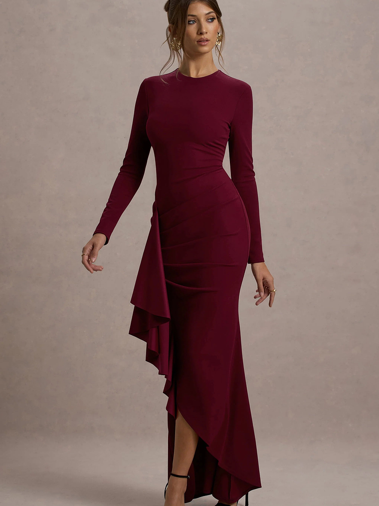 Alayna | Berry Long-Sleeve Maxi Dress With Ruffled Split 4