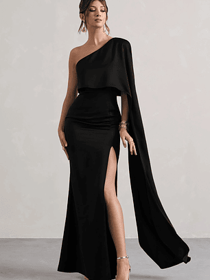 Amora | Black Satin Asymmetric Cape-Sleeve Split Maxi Dress