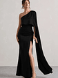 Amora | Black Satin Asymmetric Cape-Sleeve Split Maxi Dress - thumbnail 1