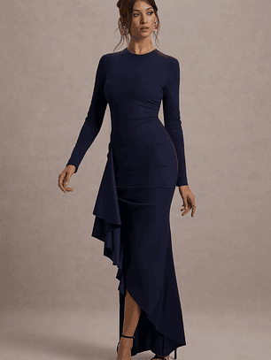 Alayna | Navy Long-Sleeve Maxi Dress With Ruffled Split