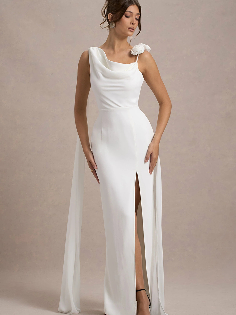Angeline | White Chiffon Draped Split Maxi Dress With Corsages 4