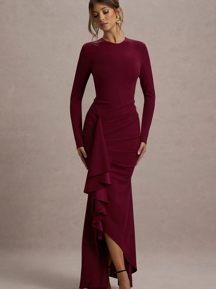 Alayna | Berry Long-Sleeve Maxi Dress With Ruffled Split 5