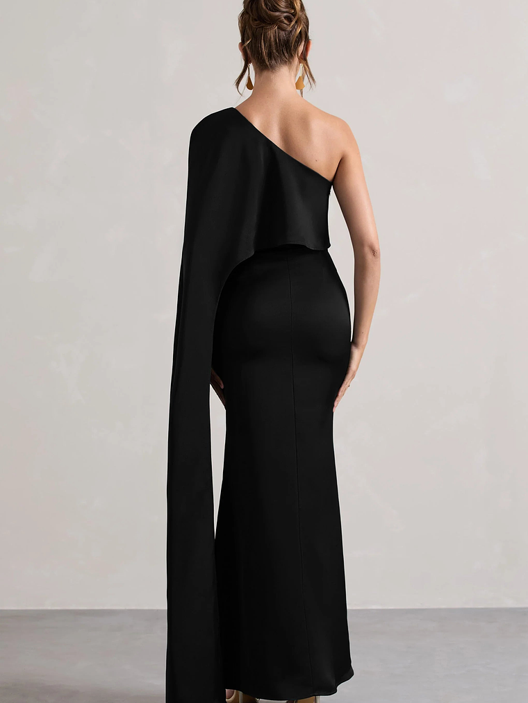 Amora | Black Satin Asymmetric Cape-Sleeve Split Maxi Dress 2