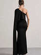 Amora | Black Satin Asymmetric Cape-Sleeve Split Maxi Dress - thumbnail 2