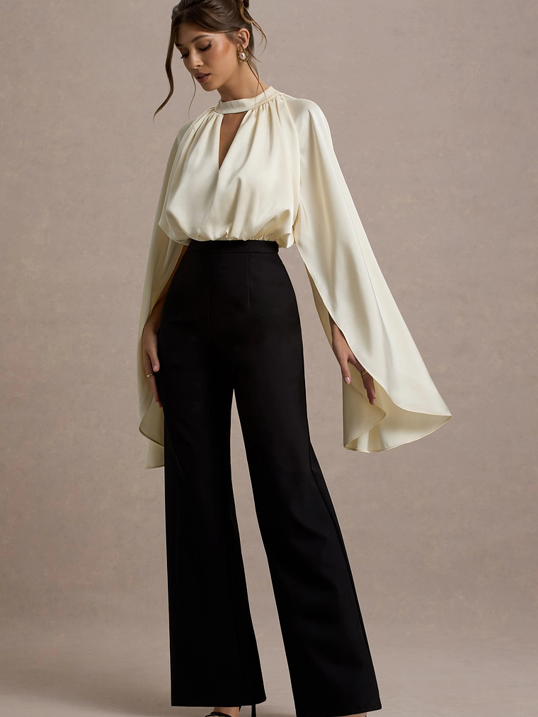 Amity | Black & Cream Wide-Leg Jumpsuit With Satin Cape Sleeves 4