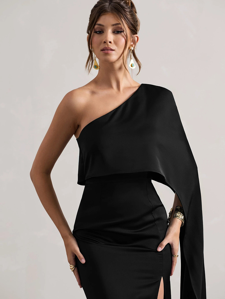 Amora | Black Satin Asymmetric Cape-Sleeve Split Maxi Dress 3