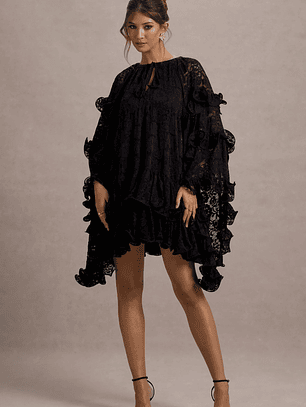 Arlington | Black Lace Cape-Sleeve Mini Dress