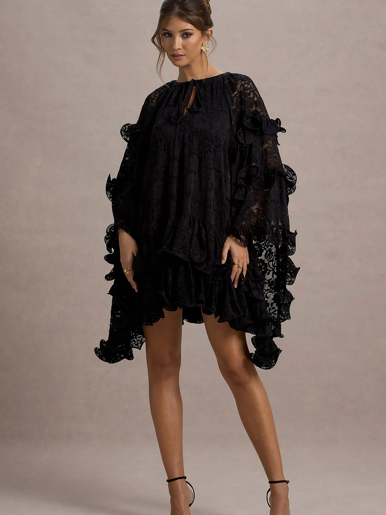 Arlington | Black Lace Cape-Sleeve Mini Dress 1