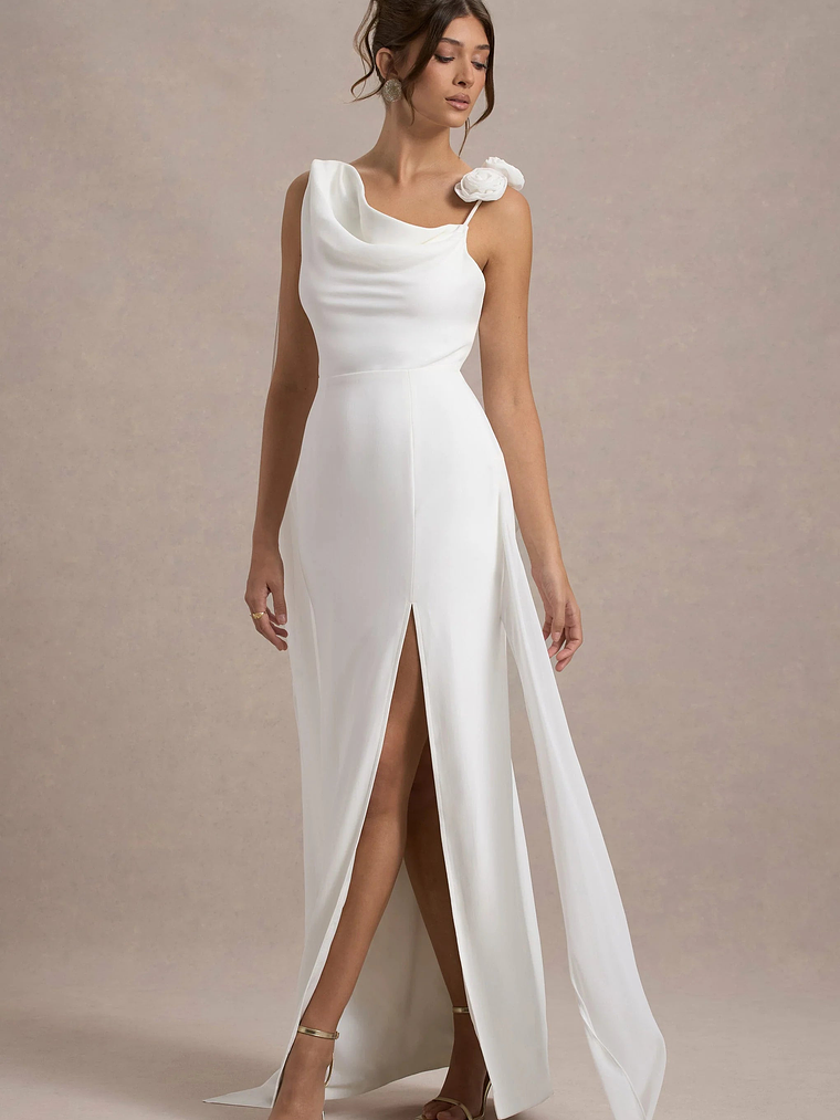 Angeline | White Chiffon Draped Split Maxi Dress With Corsages 6