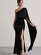 Amora | Black Satin Asymmetric Cape-Sleeve Split Maxi Dress - thumbnail 4