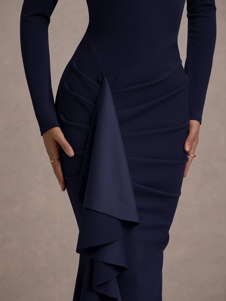 Alayna | Navy Long-Sleeve Maxi Dress With Ruffled Split 4