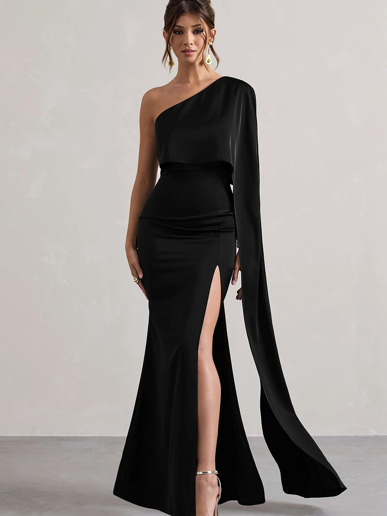 Amora | Black Satin Asymmetric Cape-Sleeve Split Maxi Dress 6