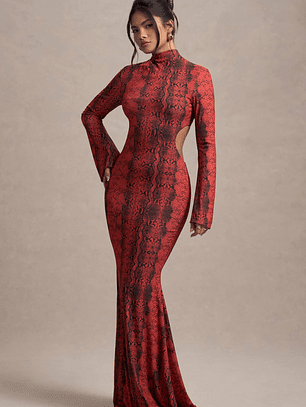 Arabia | Red Snake Print High-Neck Cut-Out Maxi Dress