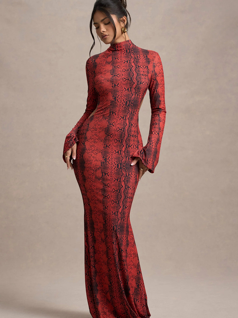 Arabia | Red Snake Print High-Neck Cut-Out Maxi Dress 4