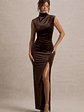 Abilene | Chocolate Velvet High-Neck Split Maxi Dress - thumbnail 1