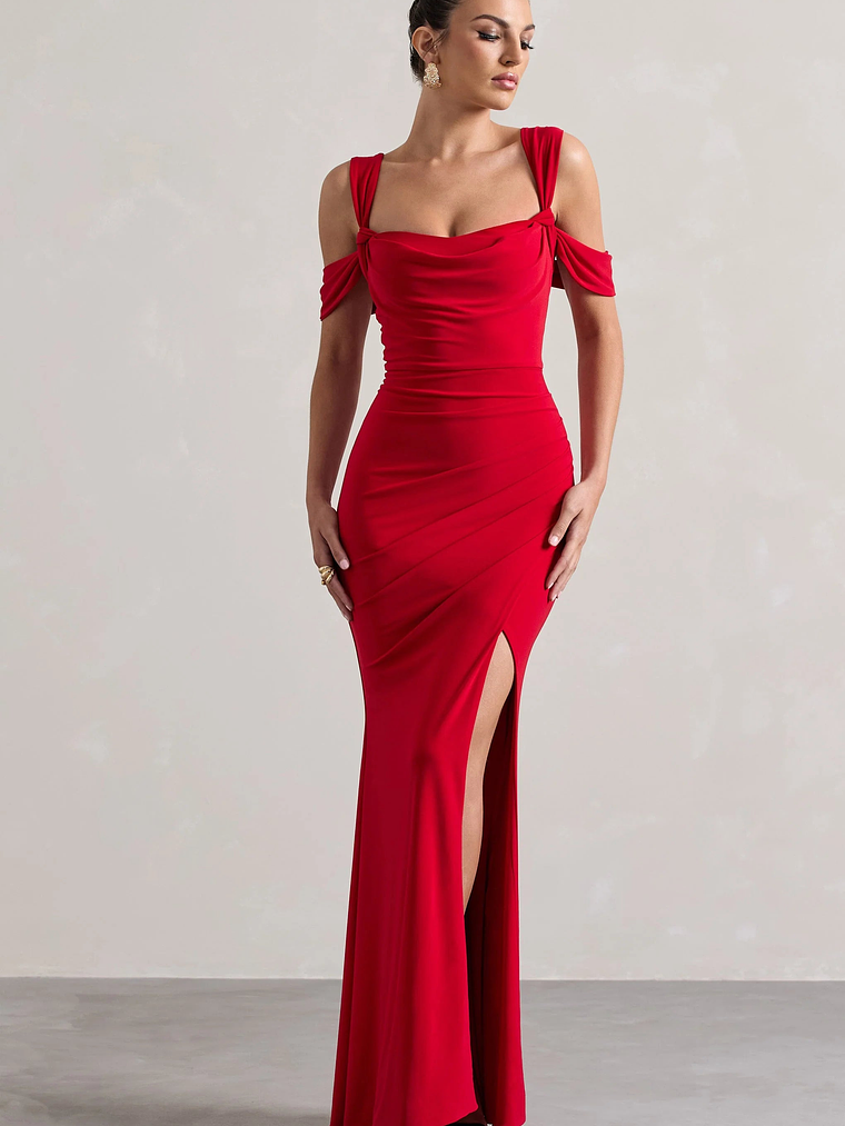 Amoura | Red Square-Neck Draped Wrap Maxi Dress 1