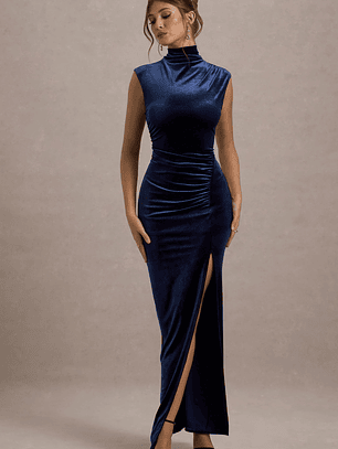 Abilene | Navy Velvet High-Neck Split Maxi Dress